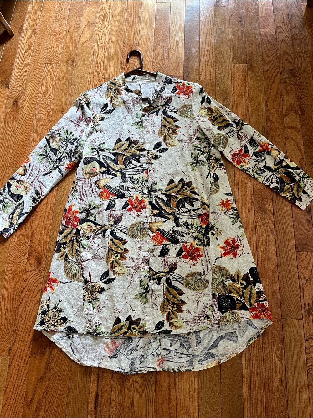 Floral High Low Dress or Tunic, button down, woodland colors, long sl, excellent